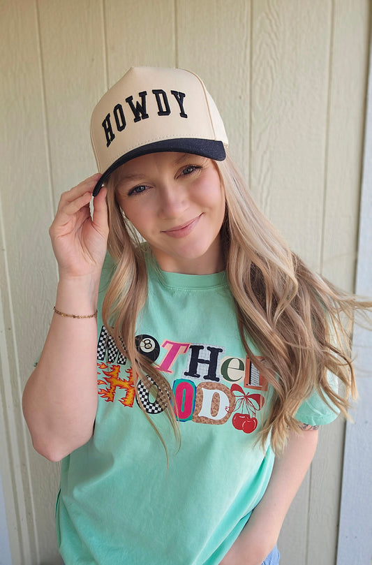 HOWDY Embroidered Two-Tone Trucker Hat Black/Beige