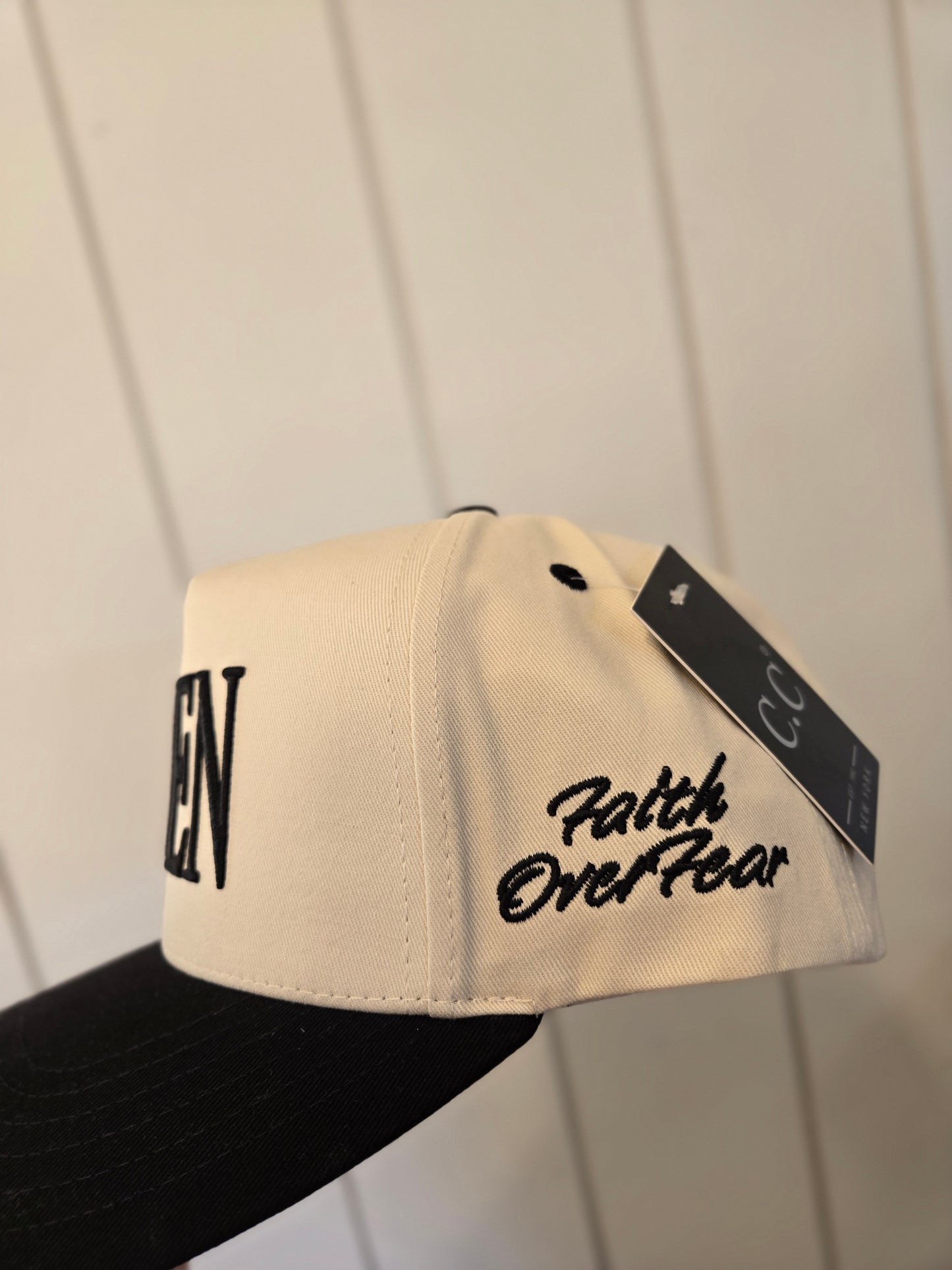 AMEN Puff Embroidered Two-Tone Trucker Hat Beige/Black