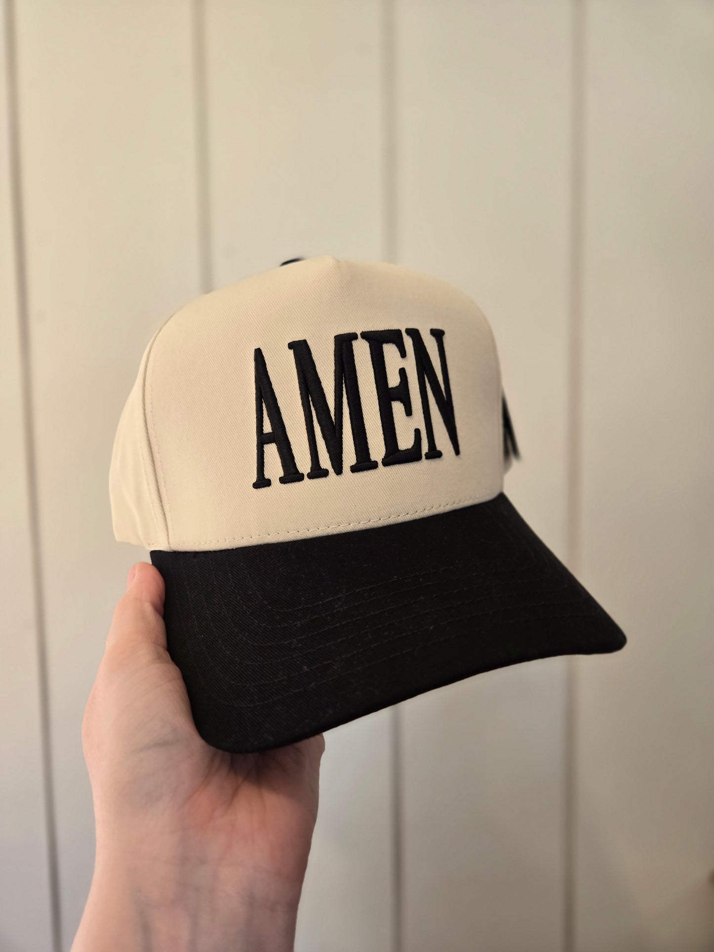 AMEN Puff Embroidered Two-Tone Trucker Hat Beige/Black