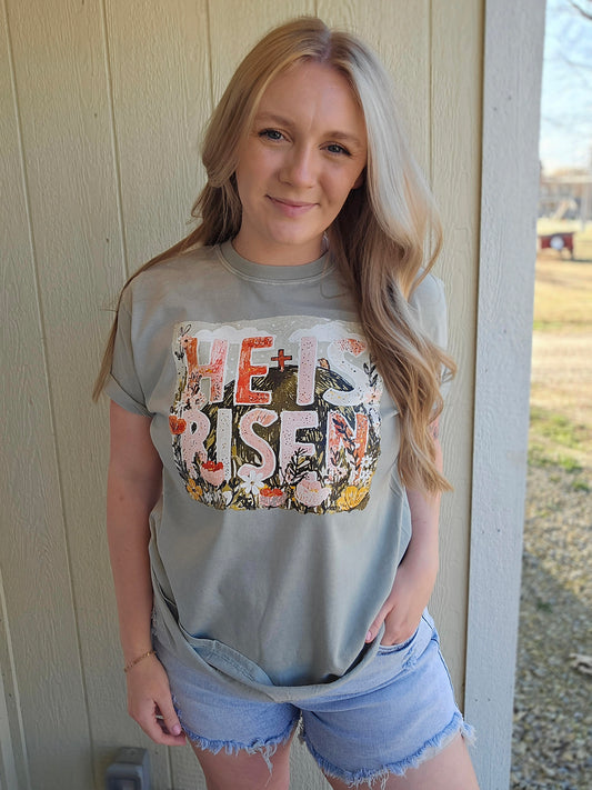 HE IS RISEN Sketch Art Sage Vintage Wash Tee