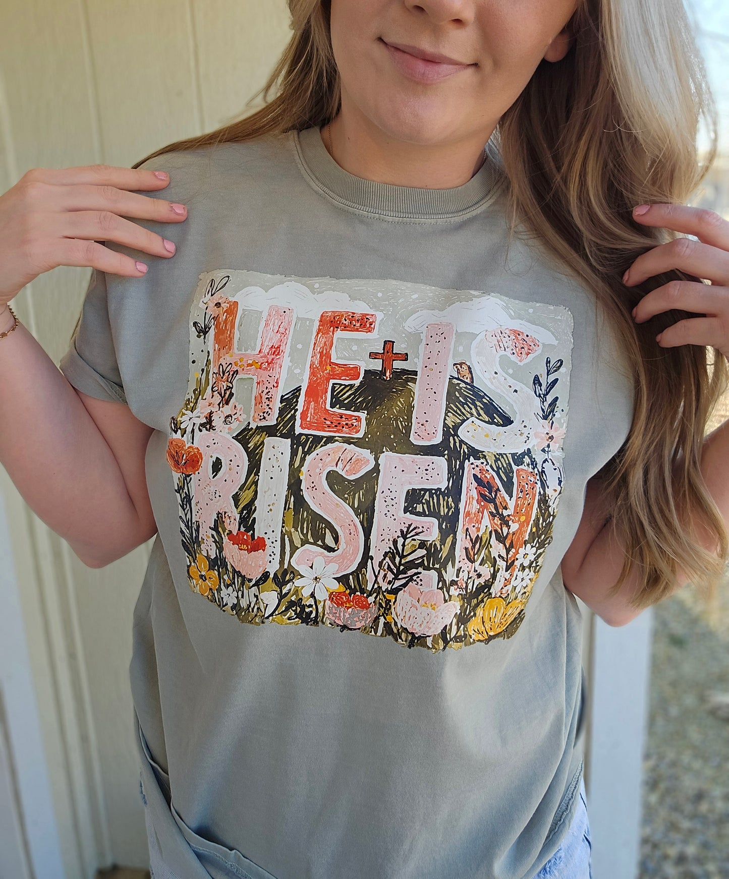 HE IS RISEN Sketch Art Sage Vintage Wash Tee
