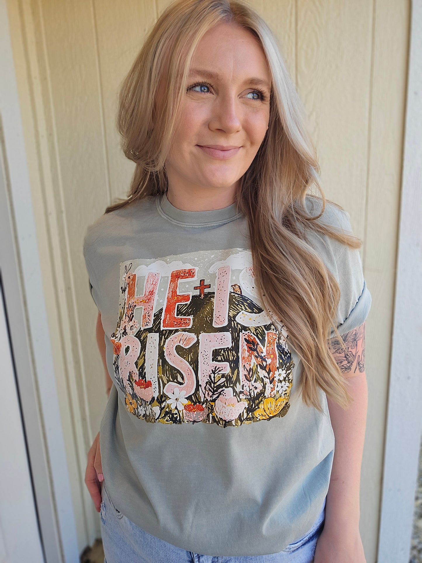 HE IS RISEN Sketch Art Sage Vintage Wash Tee