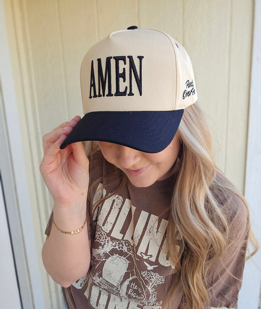 AMEN Puff Embroidered Two-Tone Trucker Hat Beige/Black
