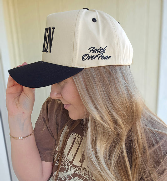 AMEN Puff Embroidered Two-Tone Trucker Hat Beige/Black