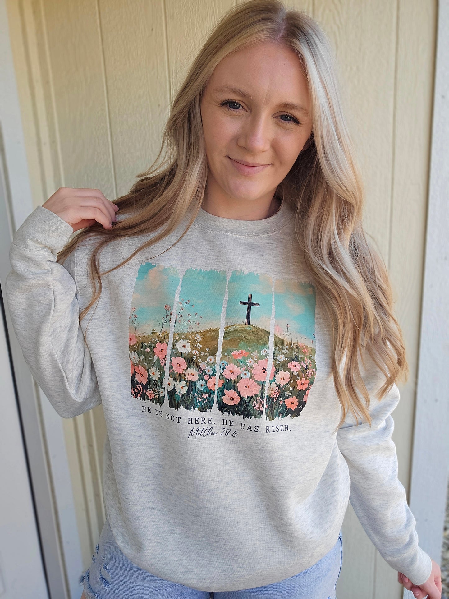 HE IS RISEN Floral Heather Oatmeal Crewneck Sweatshirt