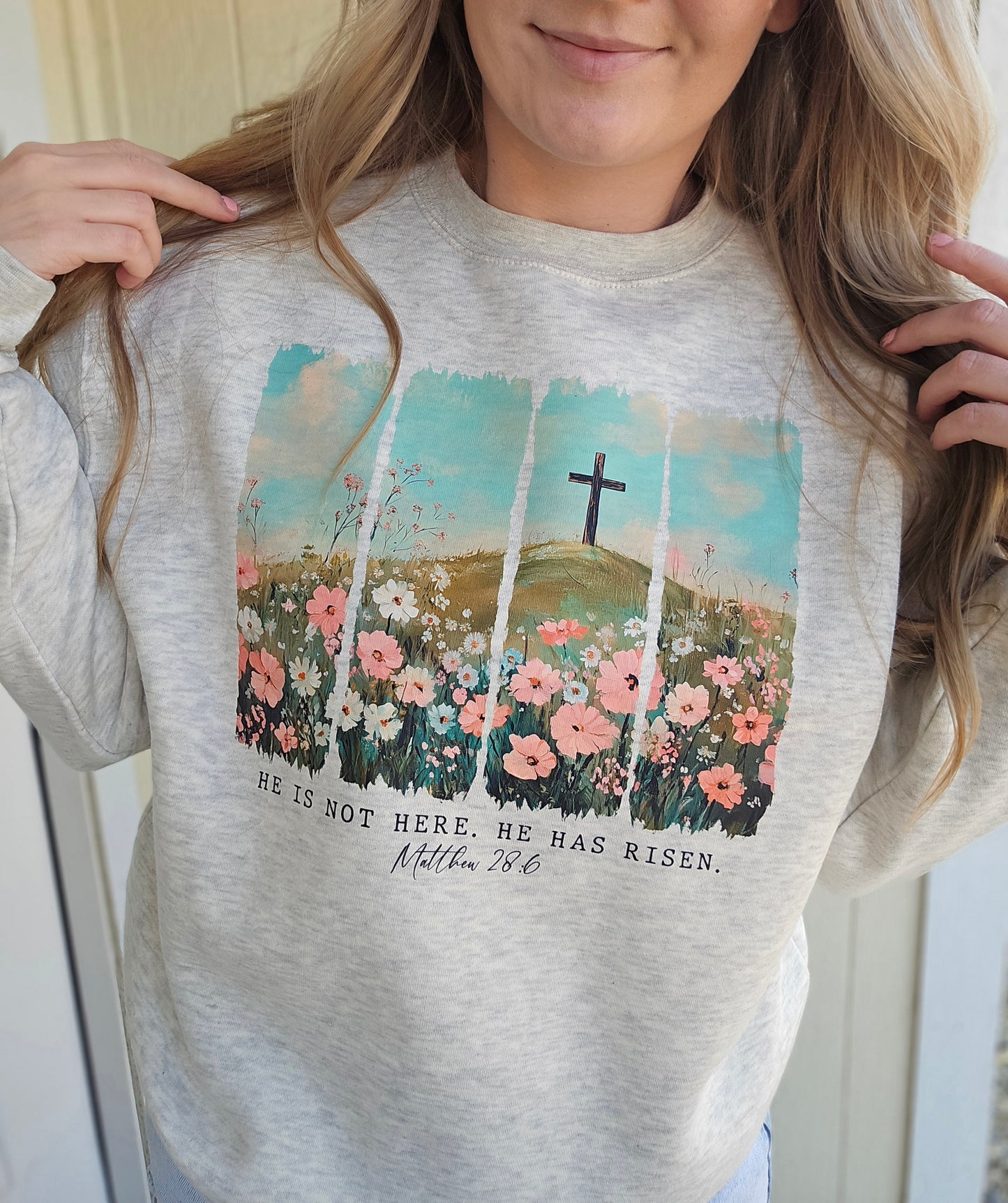 HE IS RISEN Floral Heather Oatmeal Crewneck Sweatshirt