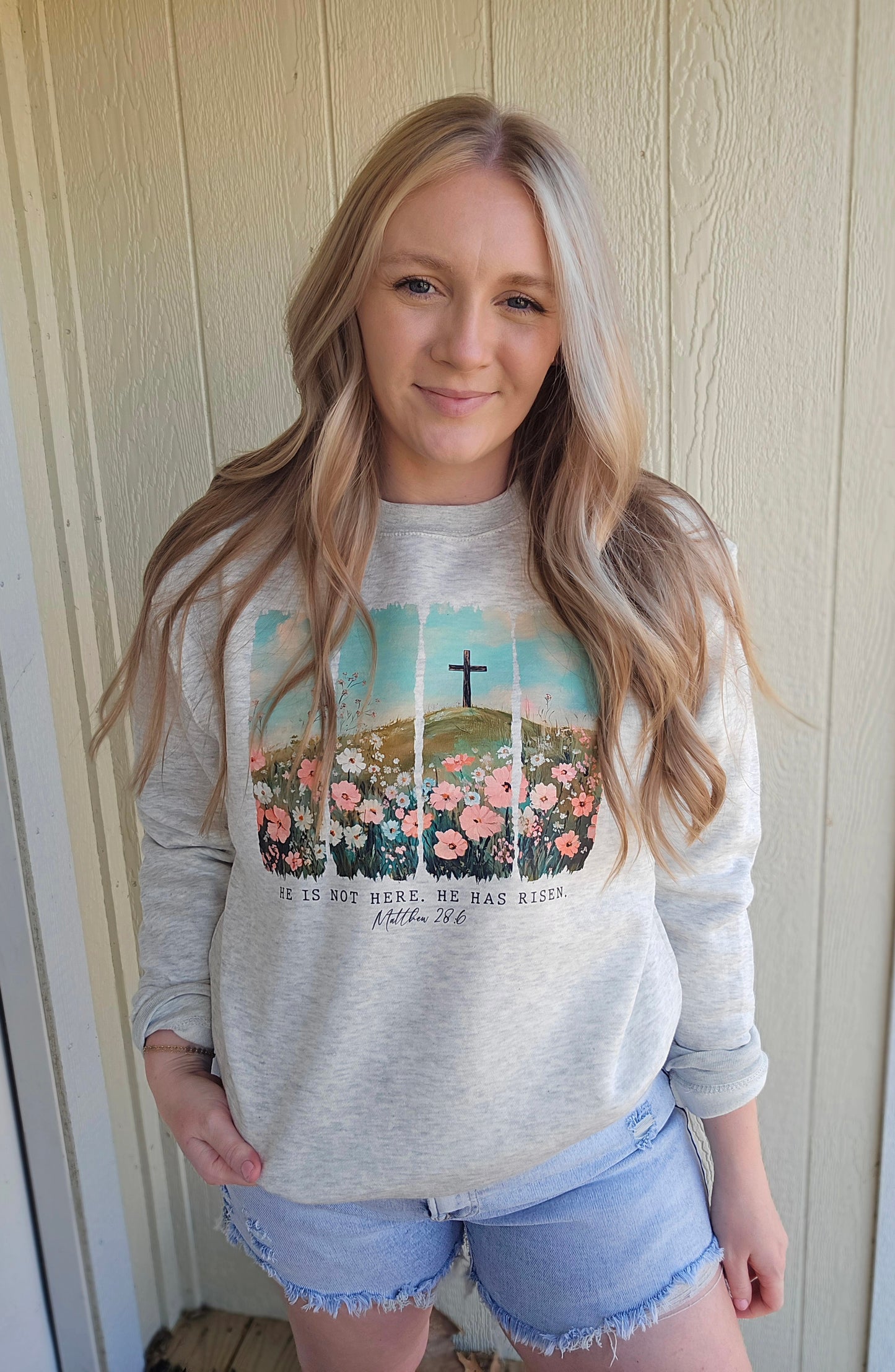 HE IS RISEN Floral Heather Oatmeal Crewneck Sweatshirt