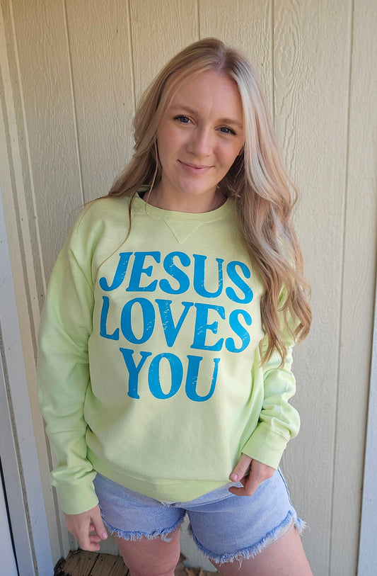JESUS LOVES YOU Key Lime Vintage Wash Crewneck