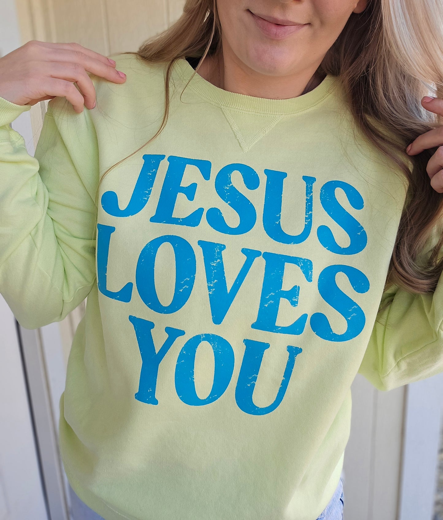 JESUS LOVES YOU Key Lime Vintage Wash Crewneck
