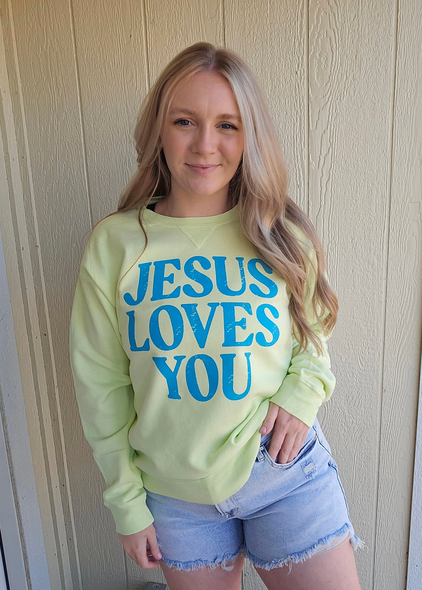 JESUS LOVES YOU Key Lime Vintage Wash Crewneck