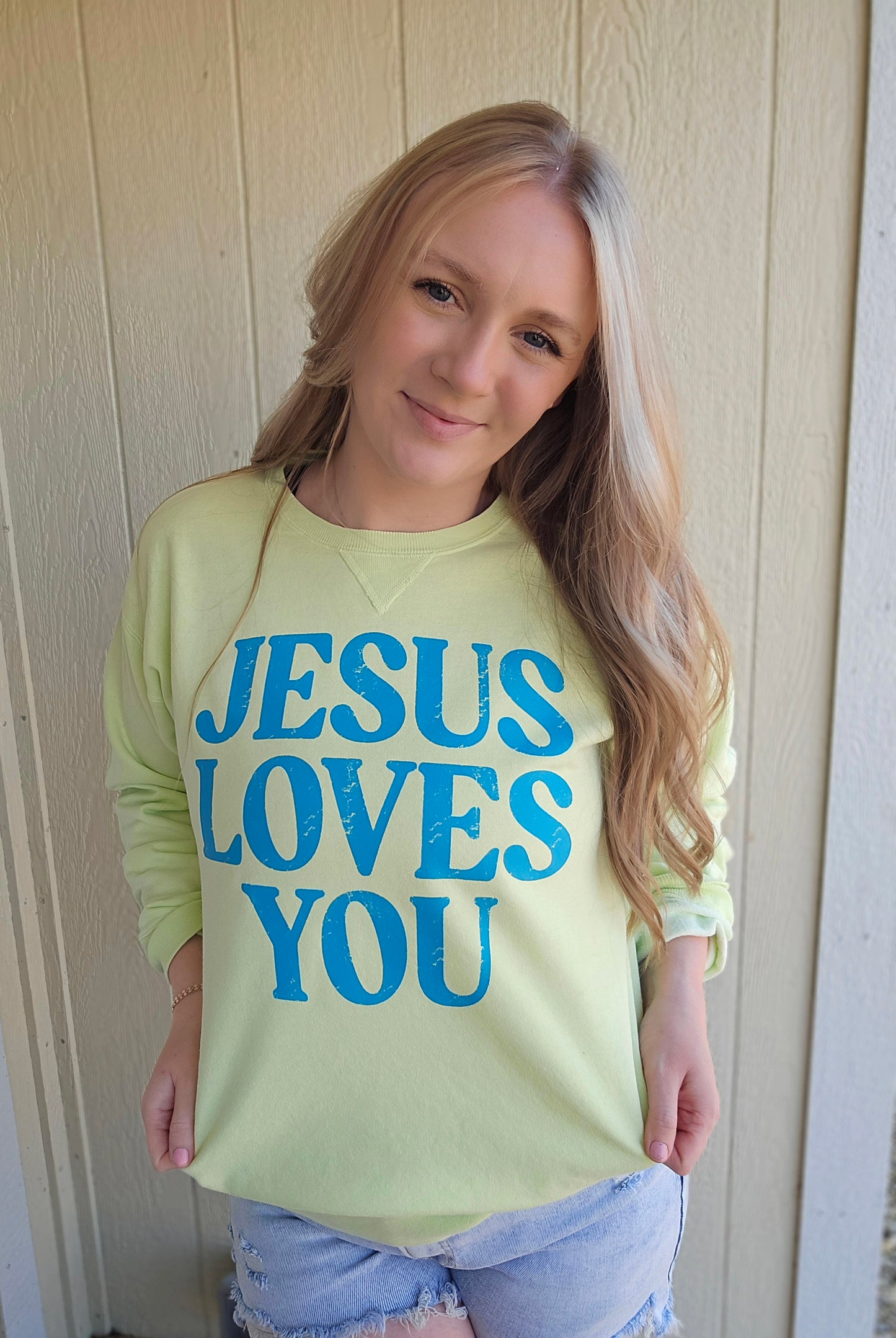 JESUS LOVES YOU Key Lime Vintage Wash Crewneck