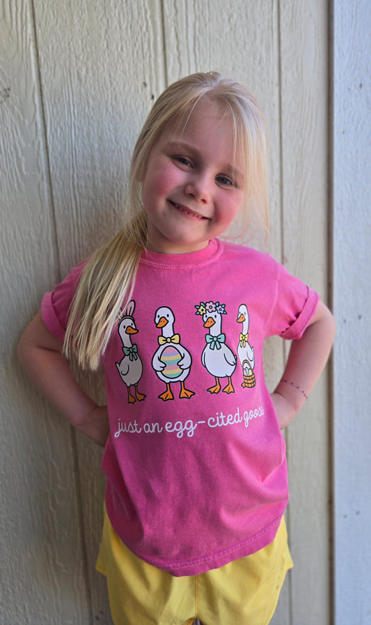 JUST AN EGG-CITED GOOSE Pink Vintage Wash Tee (YOUTH)