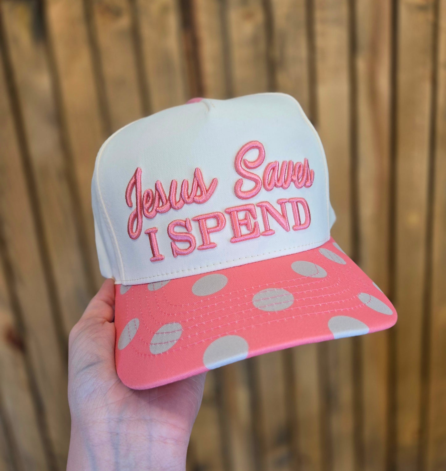 JESUS SAVES, I SPEND Pink Polka Dot Embroidered Trucker Hat