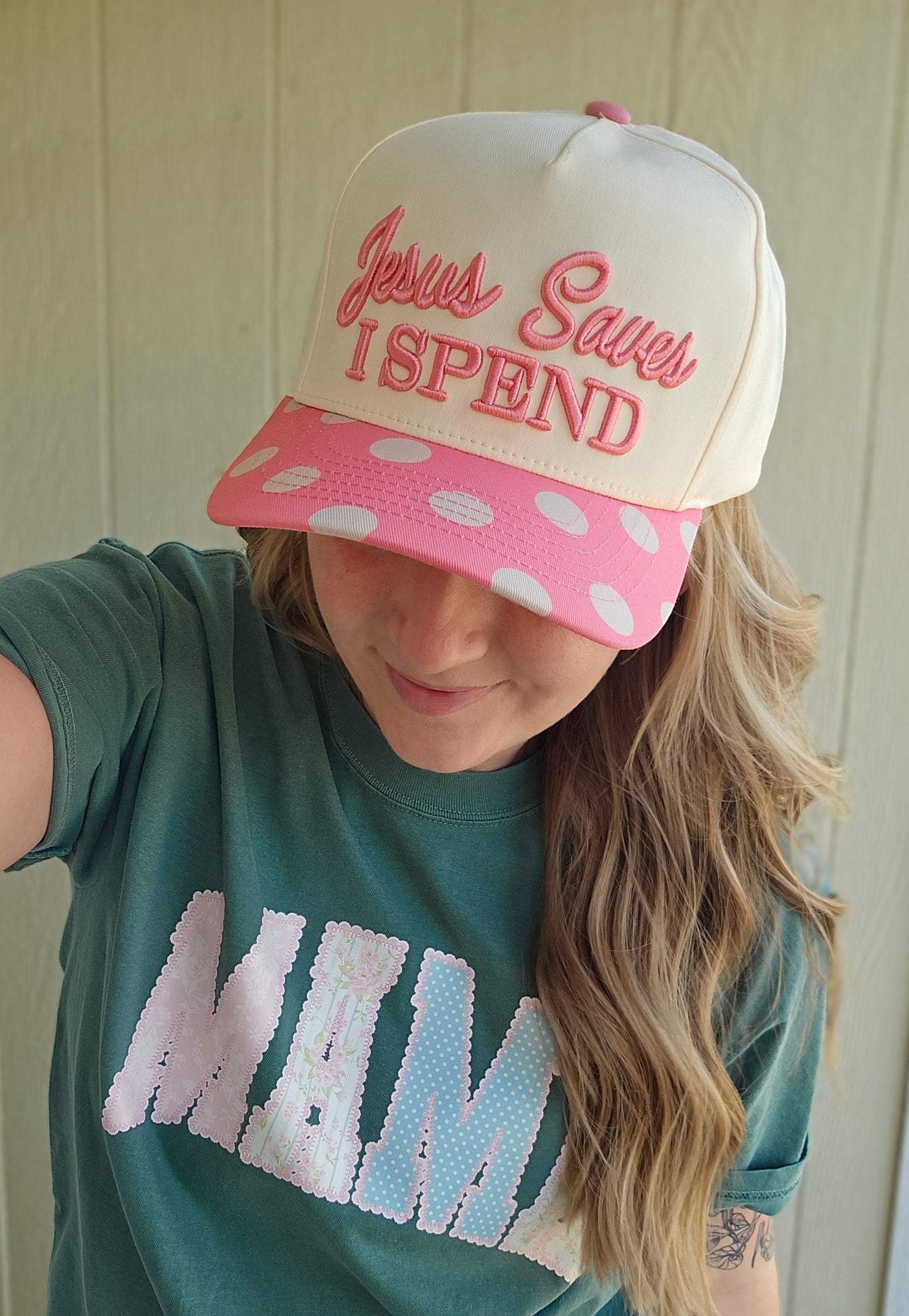 JESUS SAVES, I SPEND Pink Polka Dot Embroidered Trucker Hat