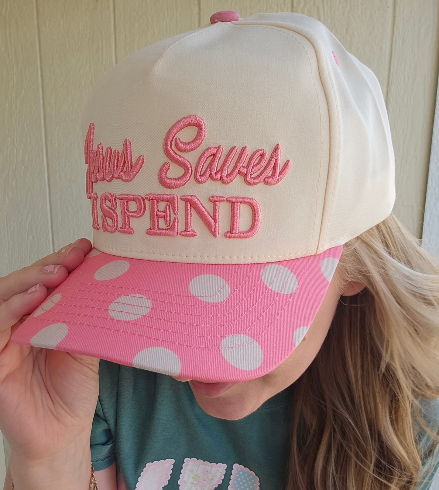 JESUS SAVES, I SPEND Pink Polka Dot Embroidered Trucker Hat