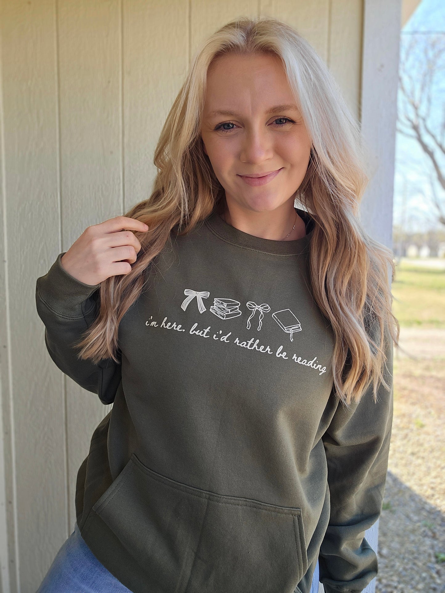 RATHER BE READING Olive Pocket Crewneck Sweatshirt
