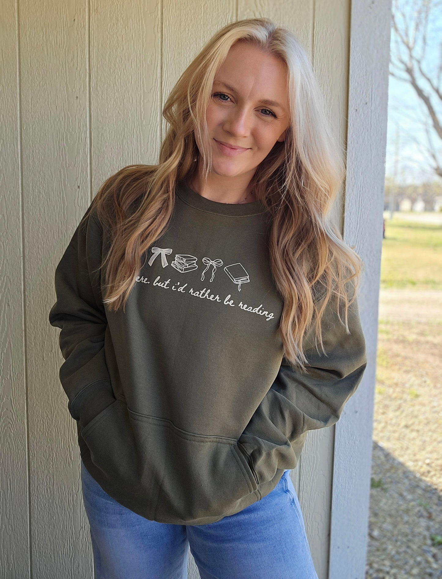 RATHER BE READING Olive Pocket Crewneck Sweatshirt