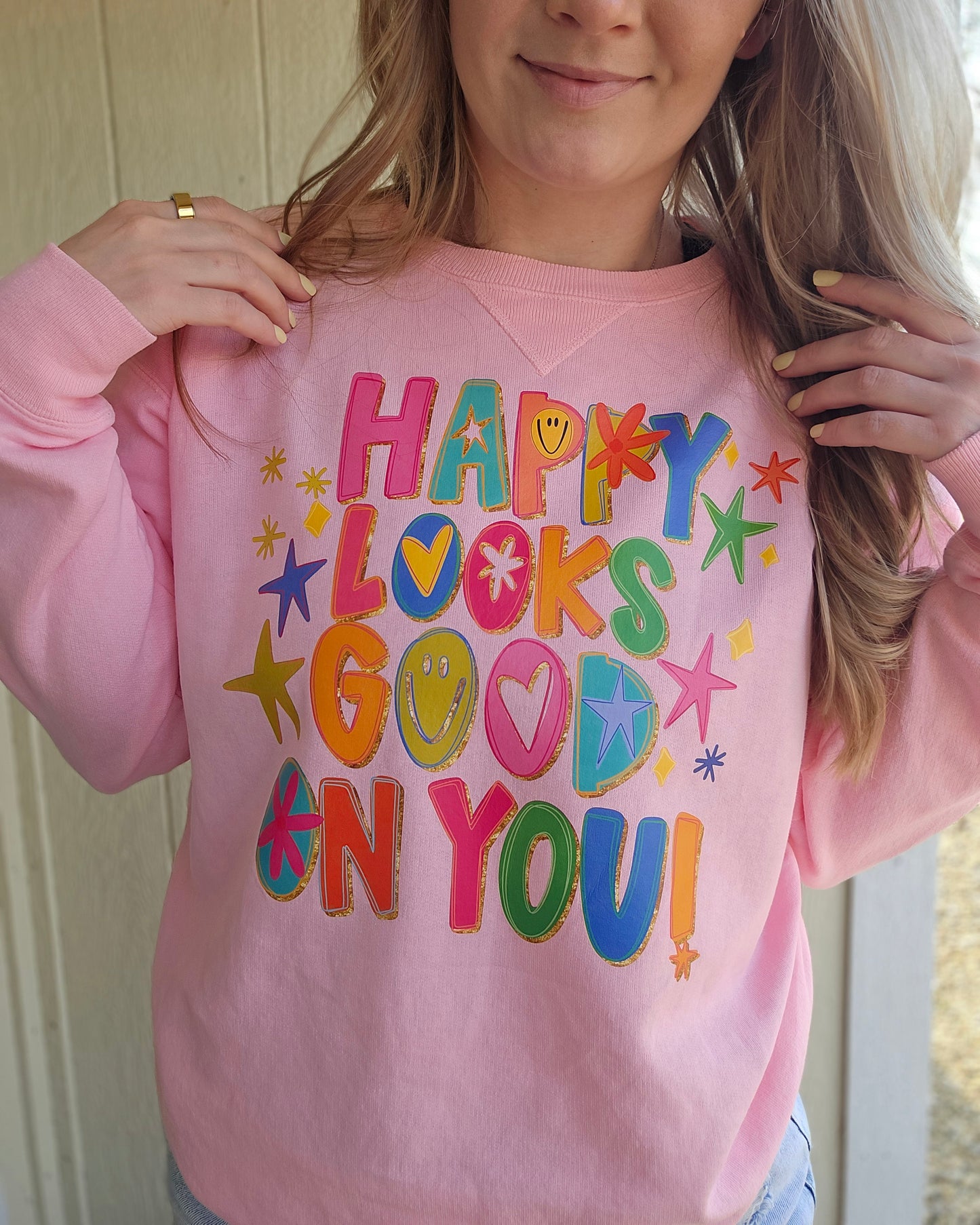 HAPPY LOOKS GOOD ON YOU Pink Vintage Wash Crewneck