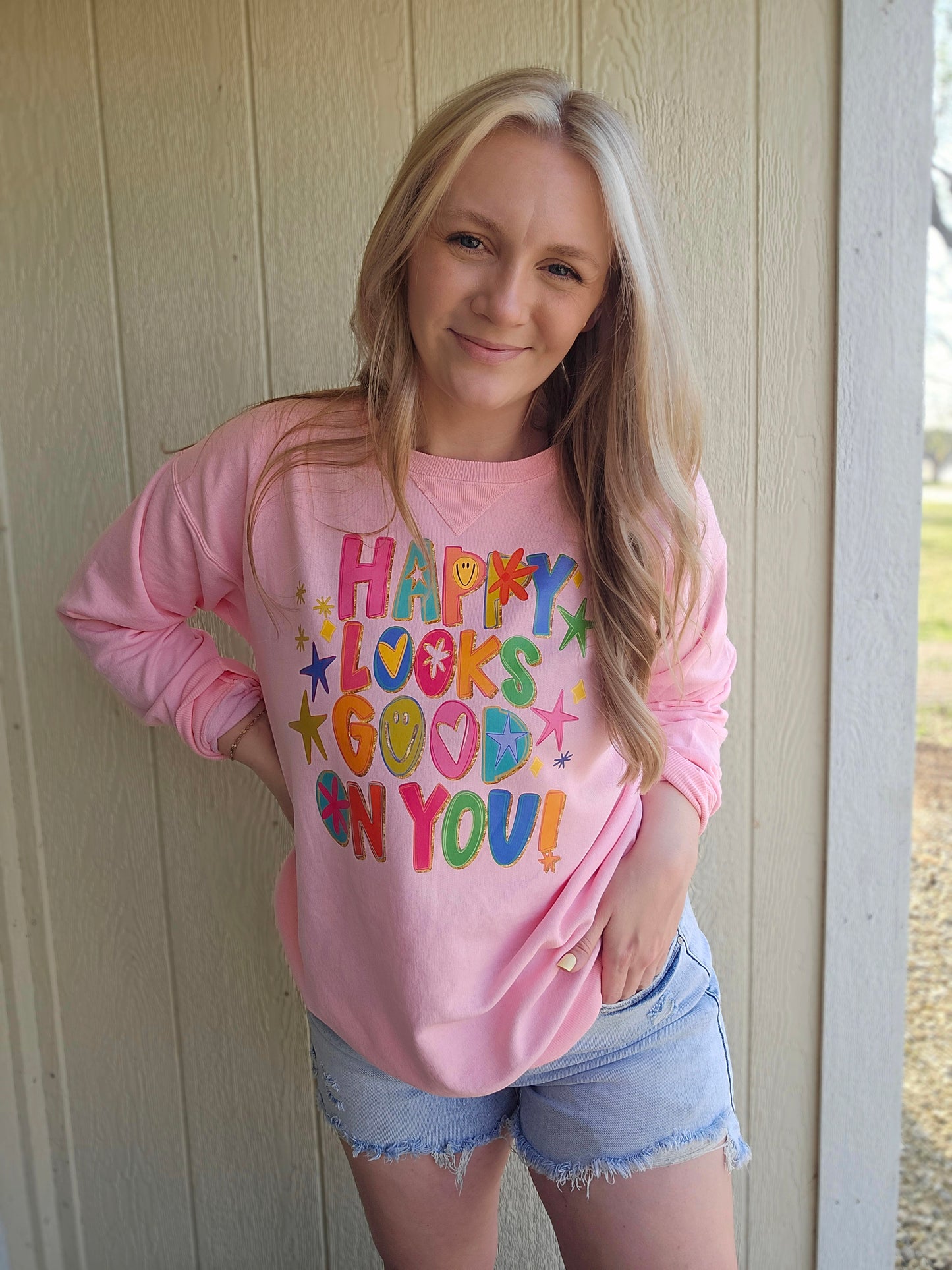 HAPPY LOOKS GOOD ON YOU Pink Vintage Wash Crewneck