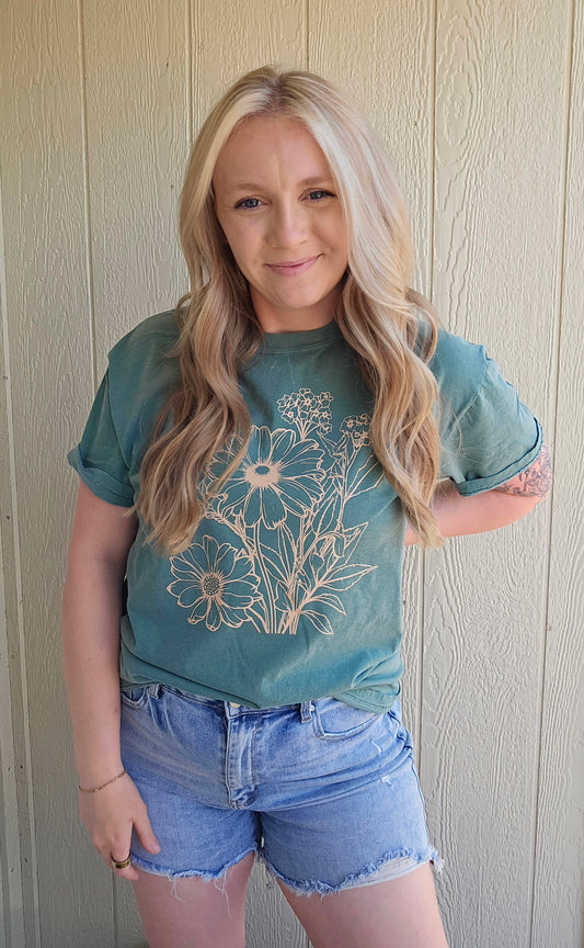 BOHO FLORAL BOUQUET Light Green Vintage Wash Tee