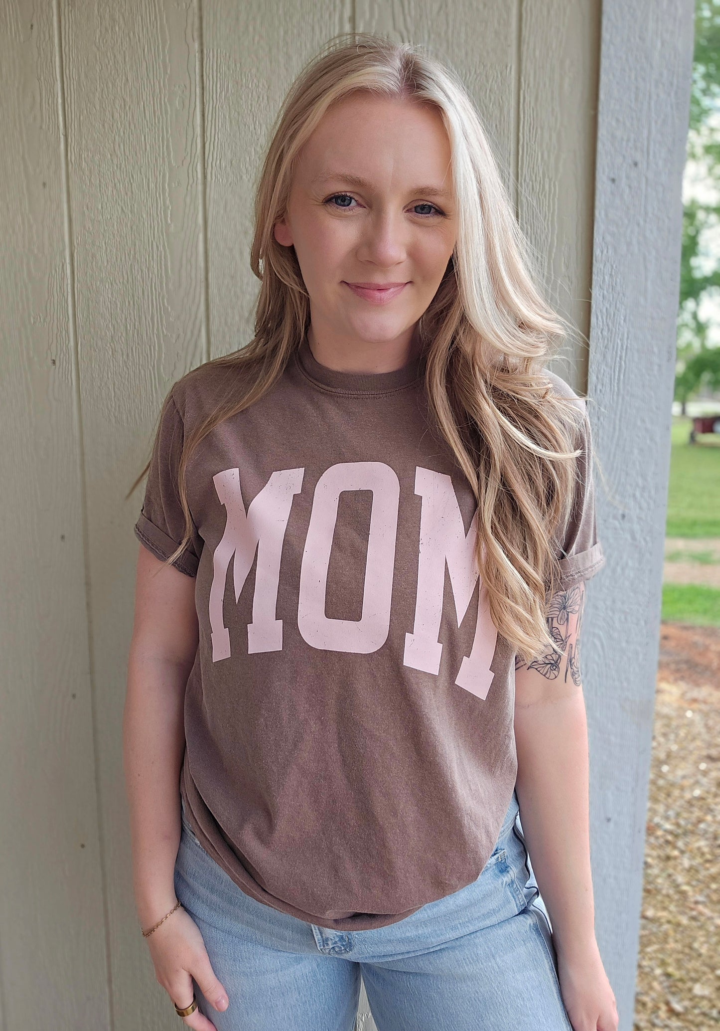 MOM Pink Varsity Espresso Vintage Wash Tee