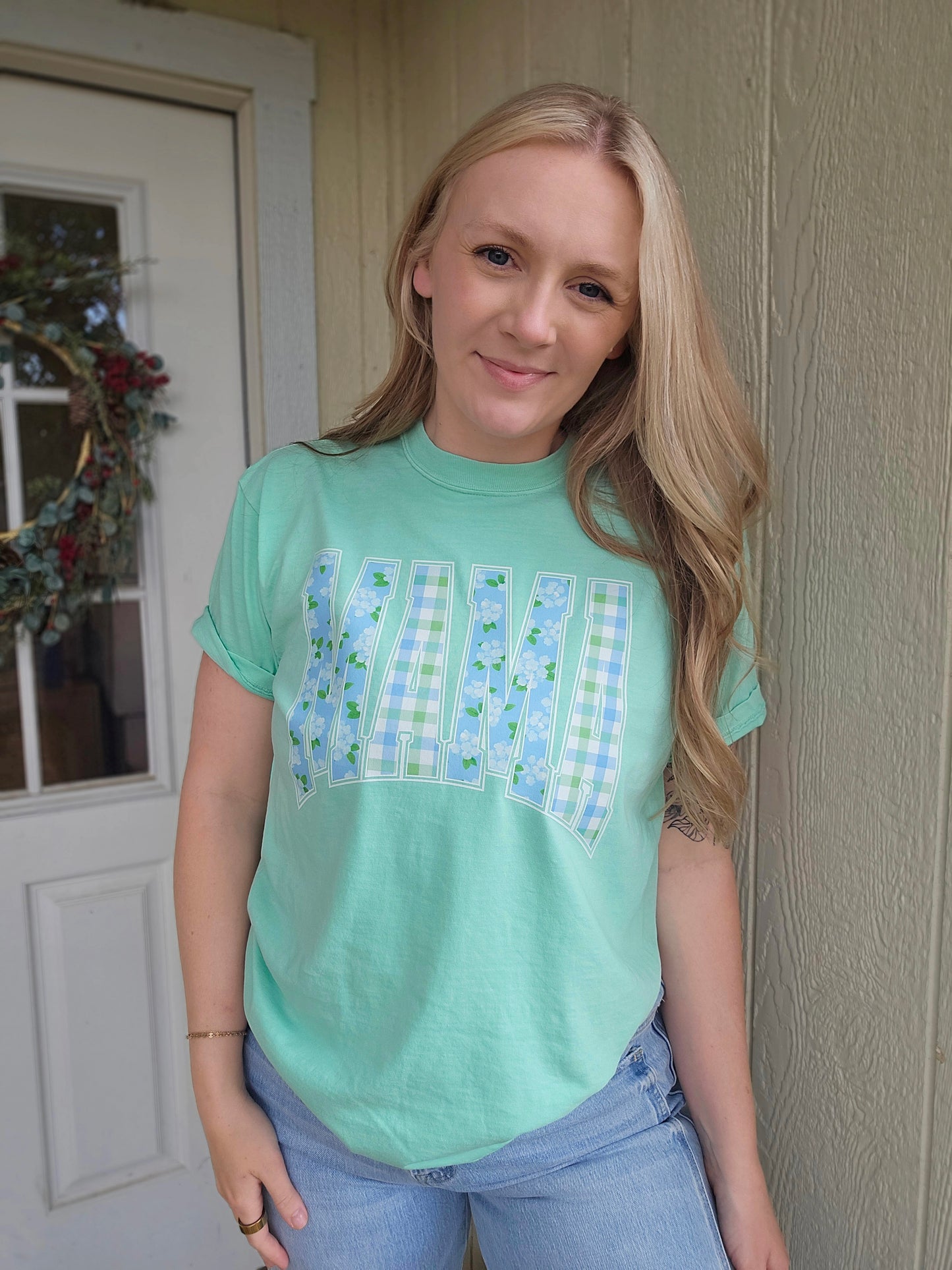MAMA Spring Floral Mint Green Vintage Wash Tee