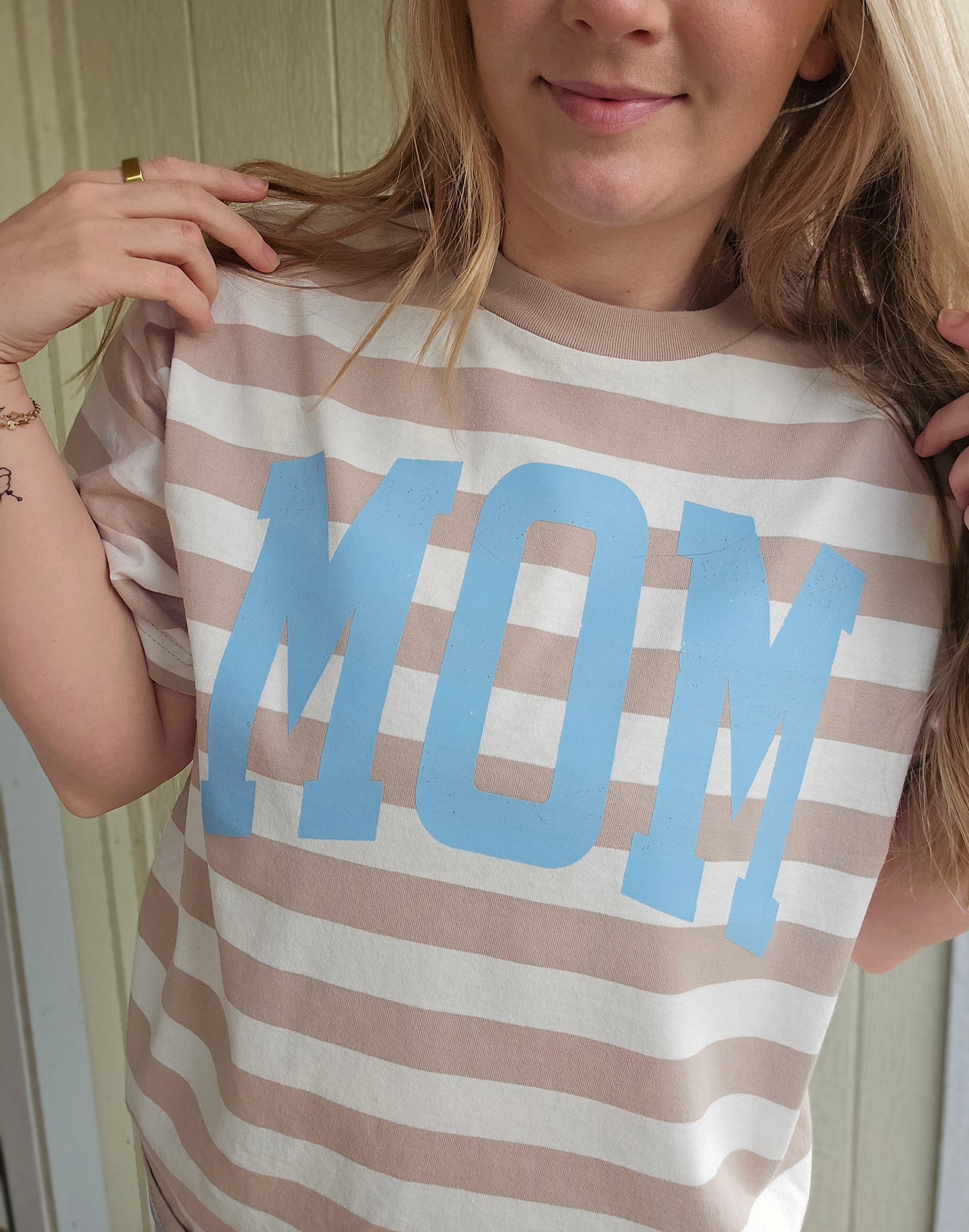 MOM Varsity Beige/White Stripe Tee