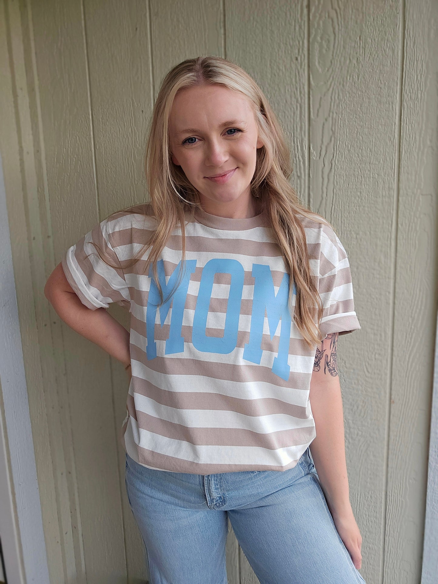 MOM Varsity Beige/White Stripe Tee