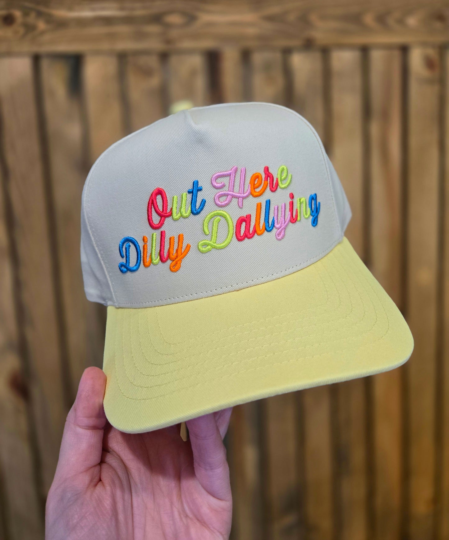 OUT HERE DILLY DALLYING Butter Two-Tone Trucker Hat
