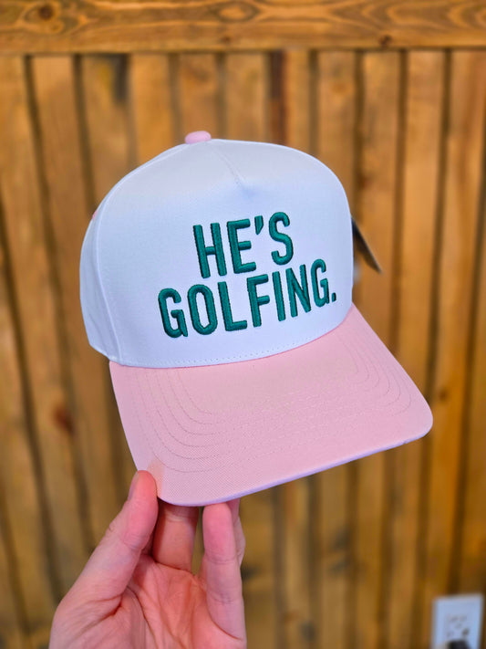 HE'S GOLFING Pink & Green Two-Tone Trucker Hat
