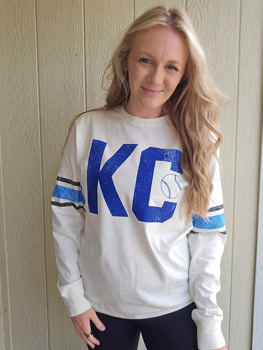KC BASEBALL Vintage Strip Sleeve Ivory Crewneck