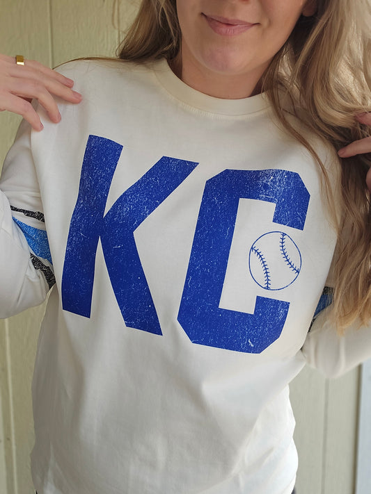 KC BASEBALL Vintage Strip Sleeve Ivory Crewneck