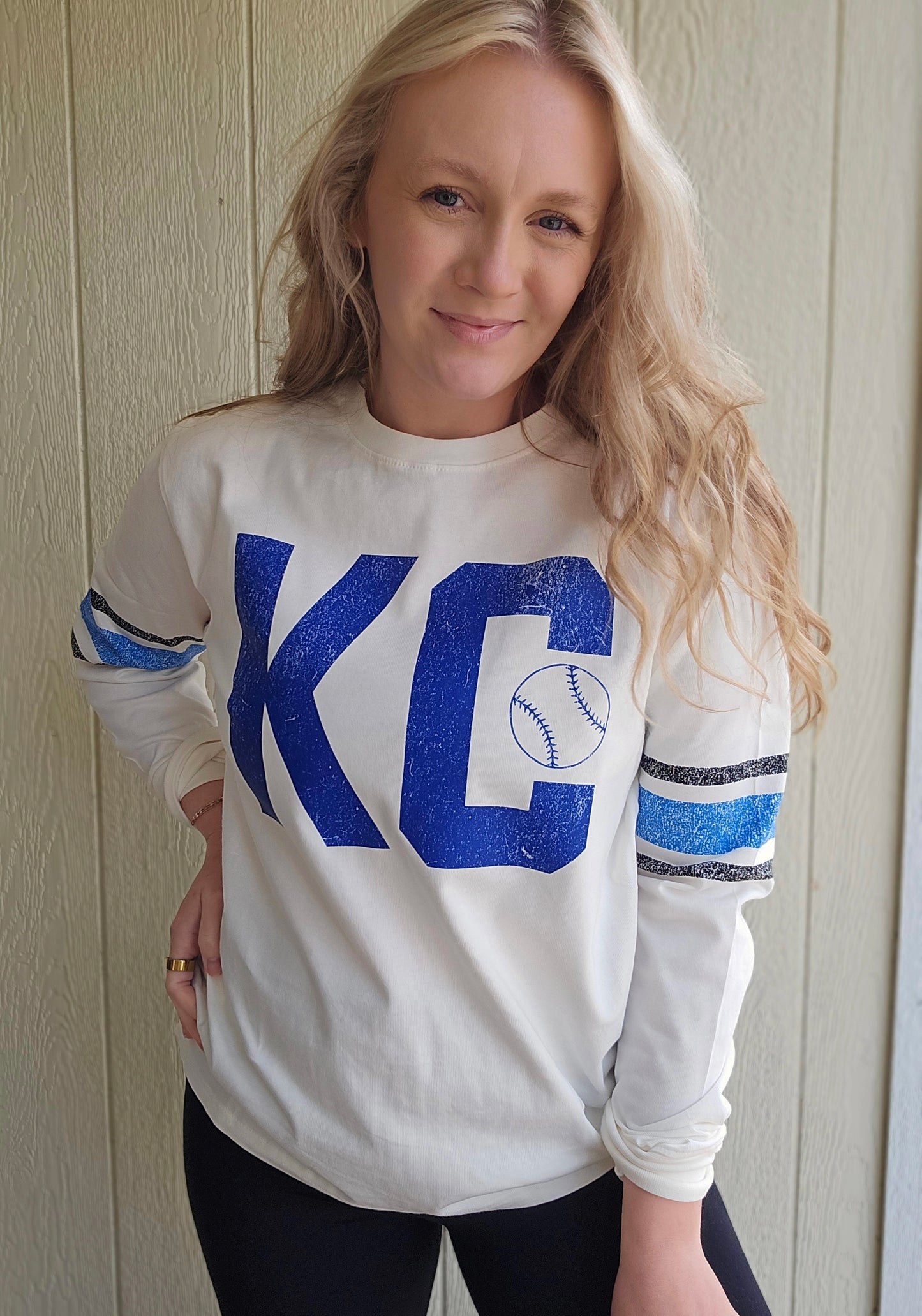 KC BASEBALL Vintage Stripe Sleeve Ivory Crewneck