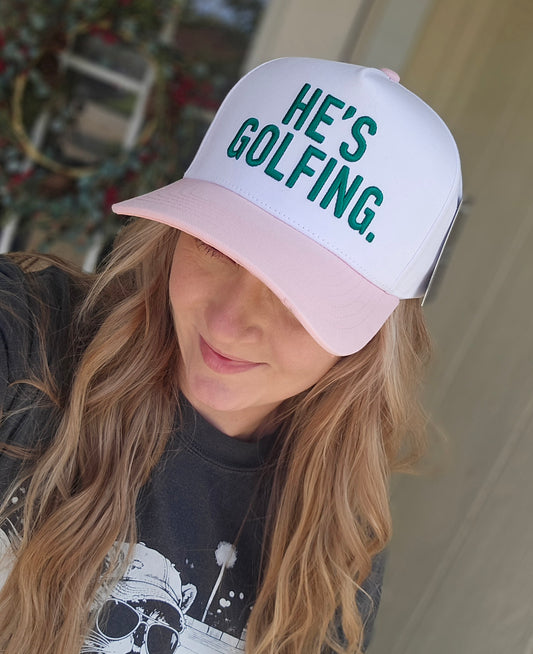 HE'S GOLFING Pink & Green Two-Tone Trucker Hat