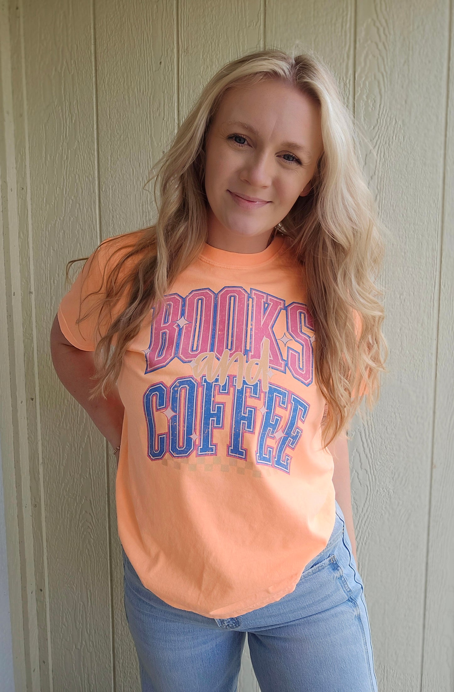 BOOKS & COFFEE Varsity Neon Peach Vintage Wash Tee