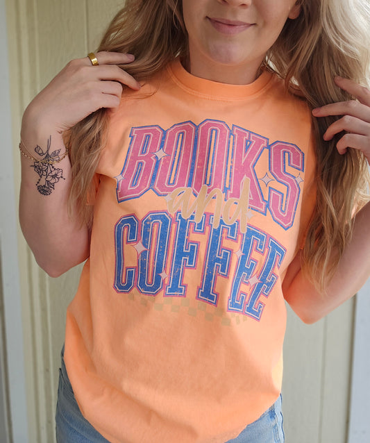 BOOKS & COFFEE Varsity Neon Peach Vintage Wash Tee