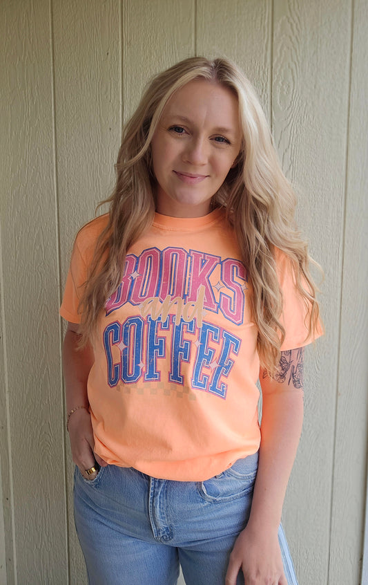 BOOKS & COFFEE Varsity Neon Peach Vintage Wash Tee