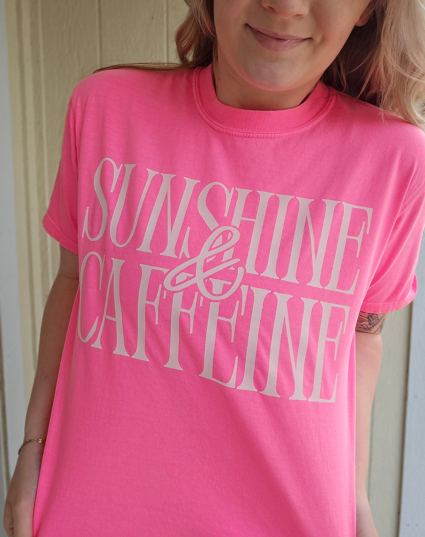 SUNSHINE & CAFFEINE Neon Pink Vintage Wash Tee