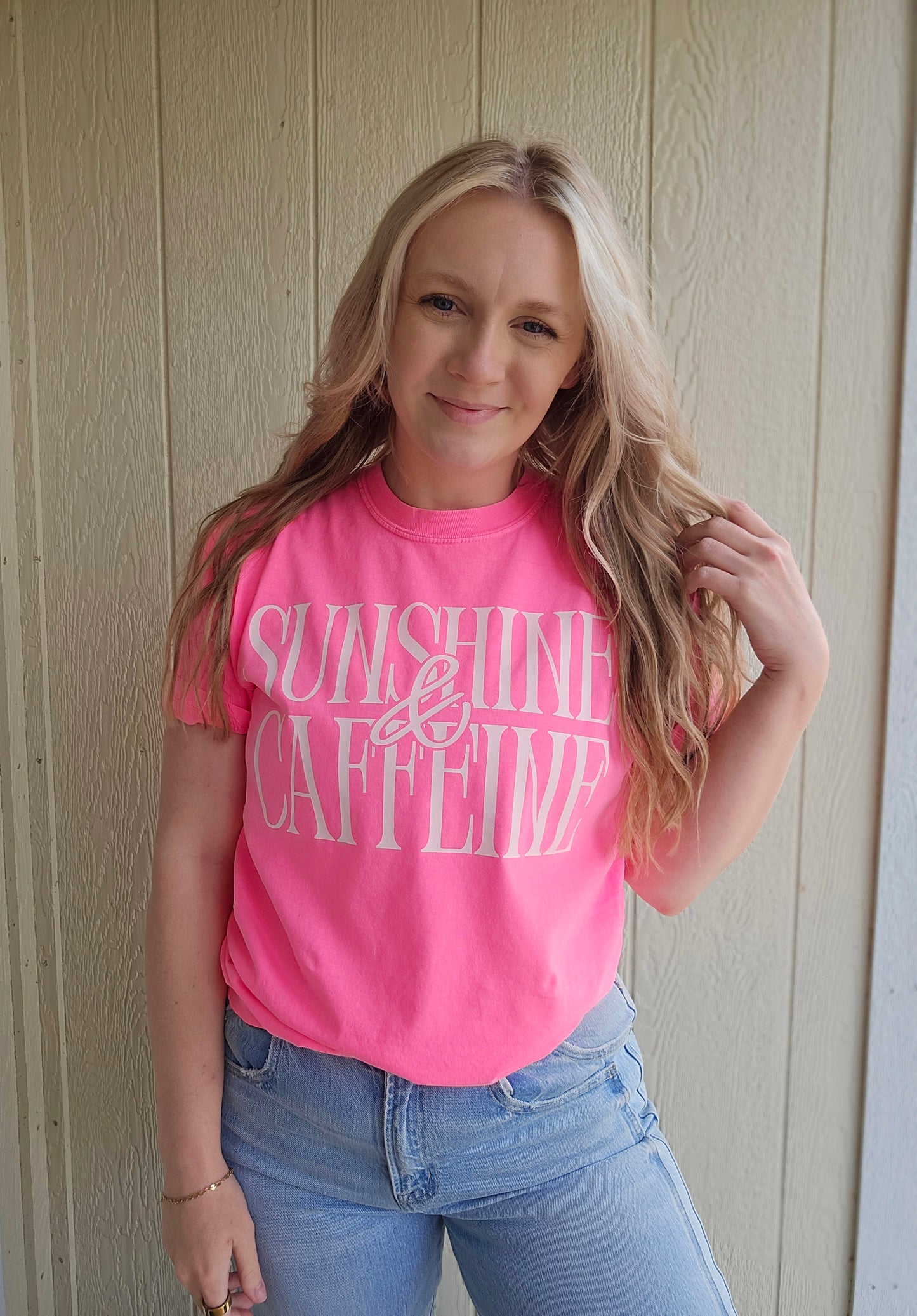 SUNSHINE & CAFFEINE Neon Pink Vintage Wash Tee