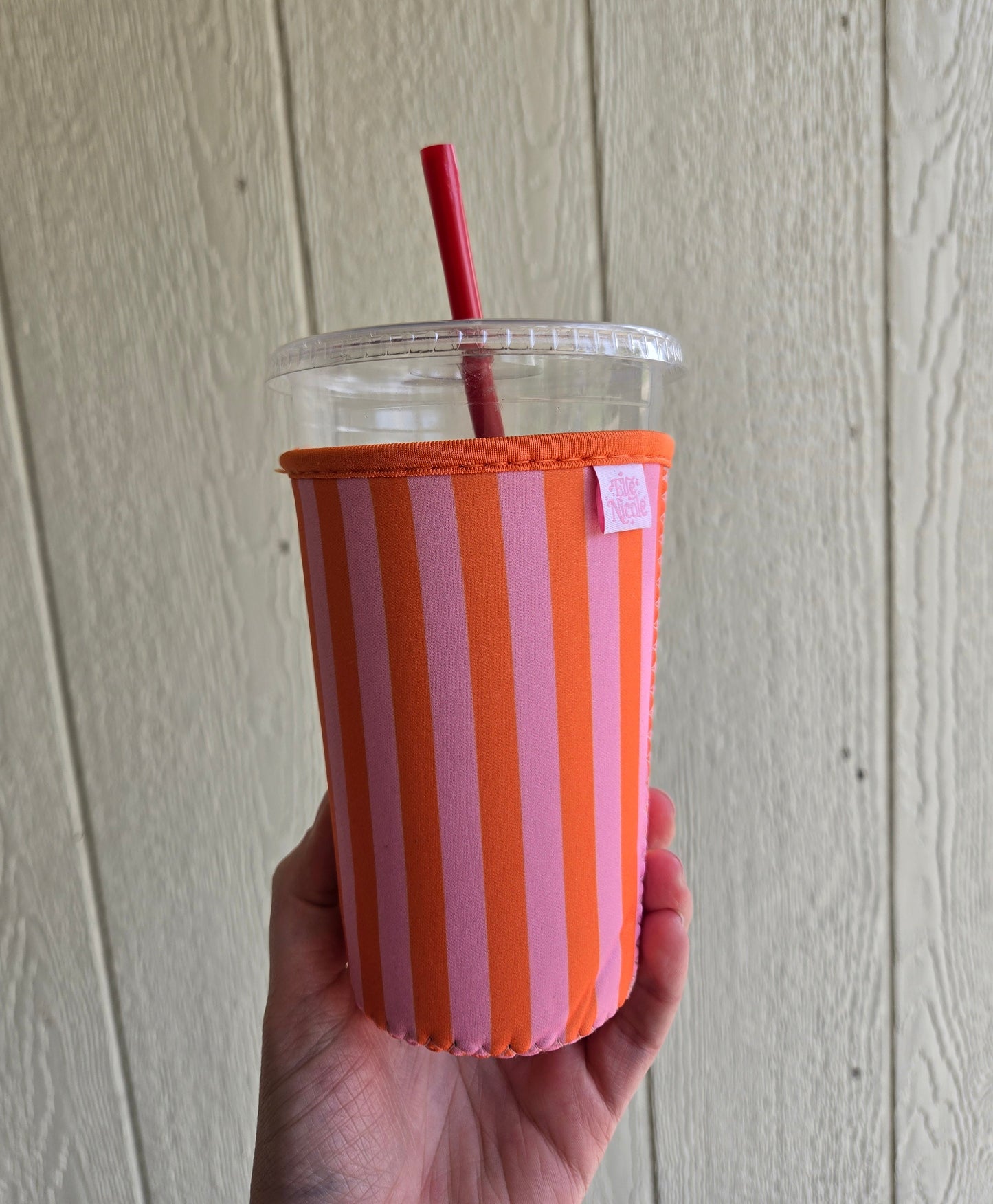 PINK/ORANGE Stripe Large Iced Coffee Sleeve