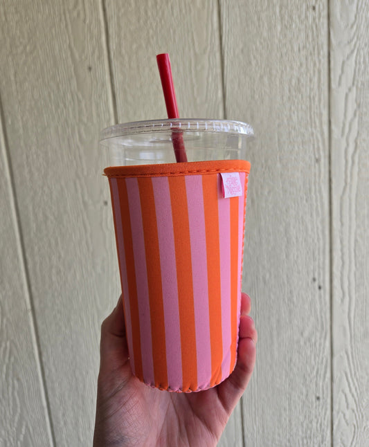 PINK/ORANGE Stripe Large Iced Coffee Sleeve