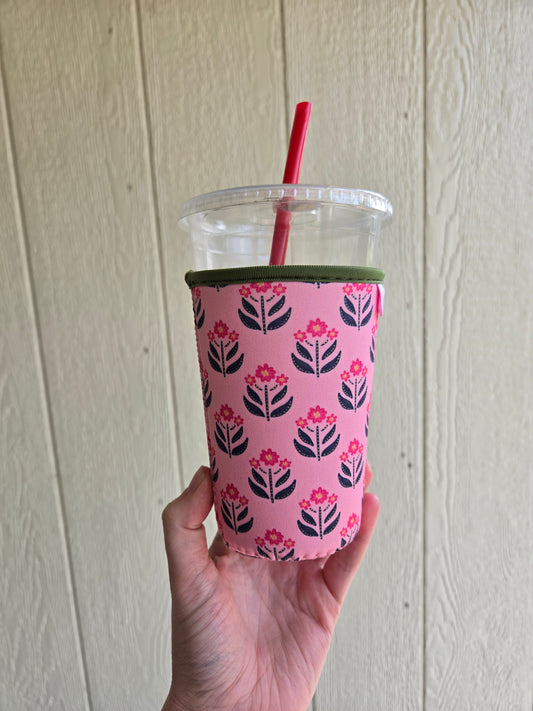 GREEN/PINK FLOWER Large Iced Coffee Sleeve