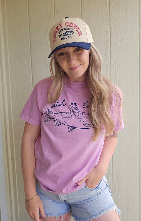 LUCKY CATCH FISH CO. Navy/Pink Embroidered Trucker Hat