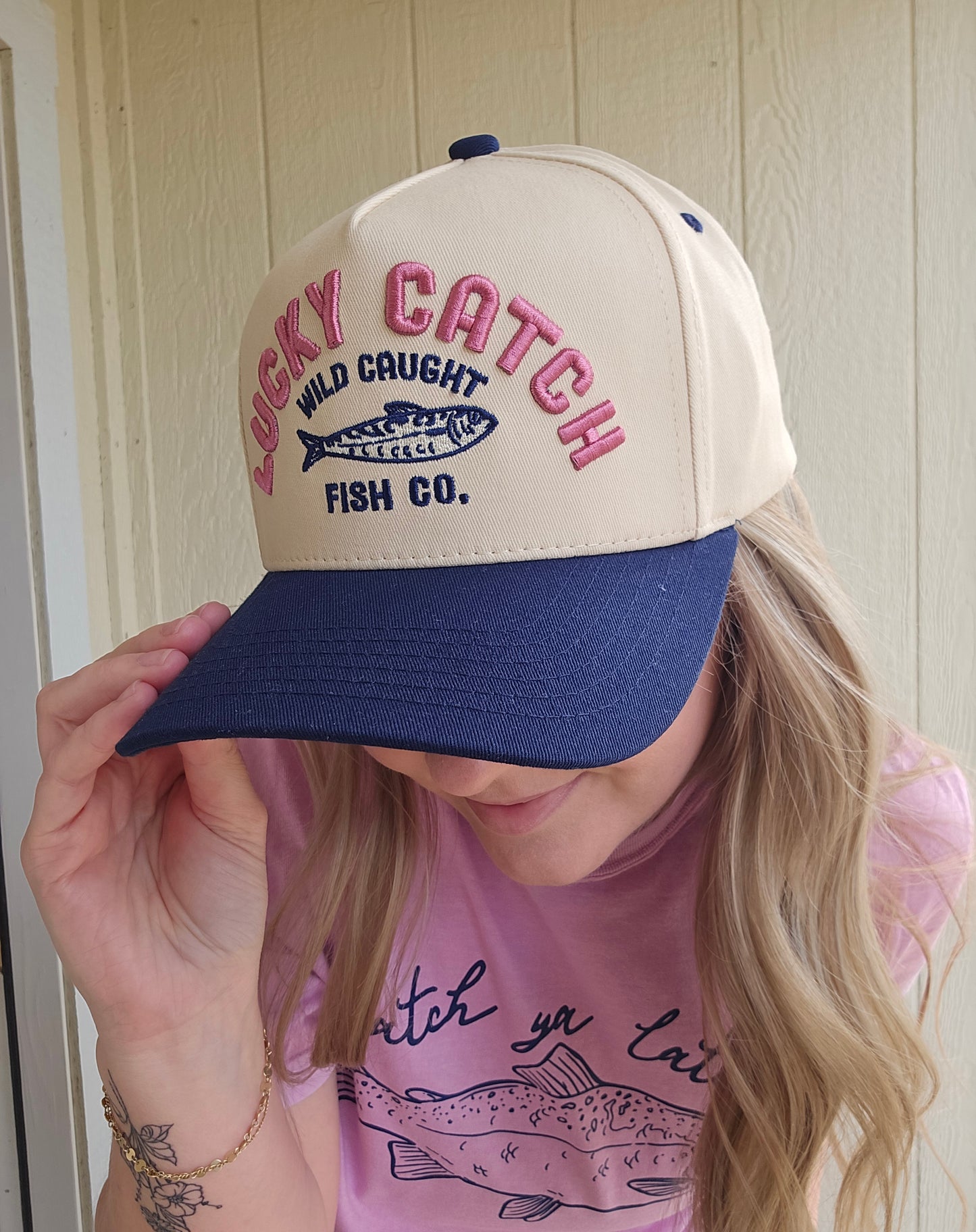 LUCKY CATCH FISH CO. Navy/Pink Embroidered Trucker Hat