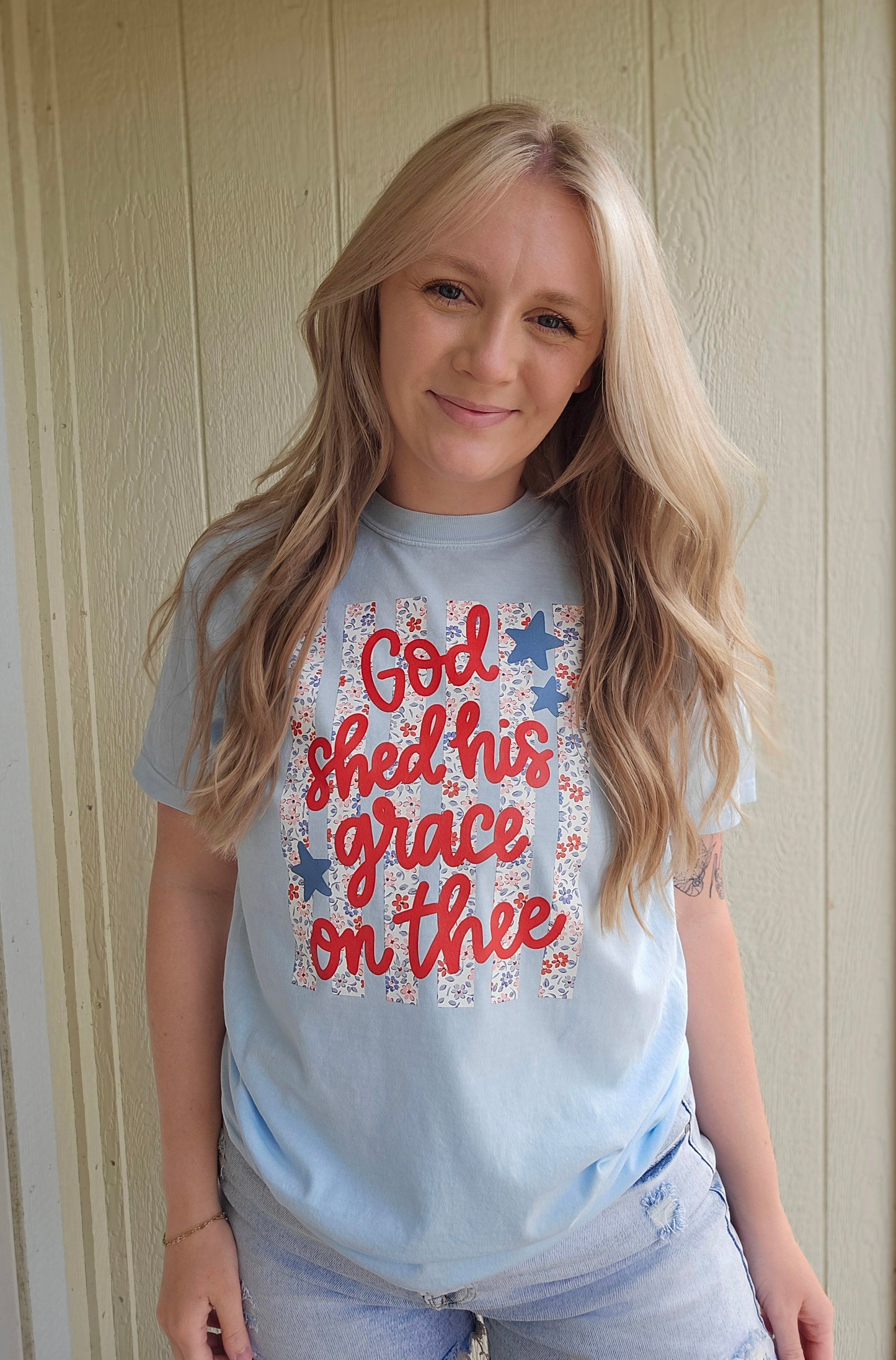 GOD SHED HIS GRACE ON ME Light Blue Vintage Wash Tee