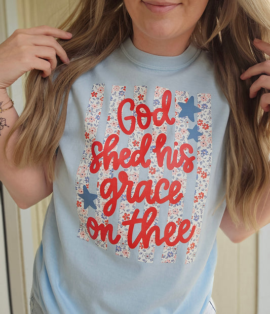 GOD SHED HIS GRACE ON ME Light Blue Vintage Wash Tee