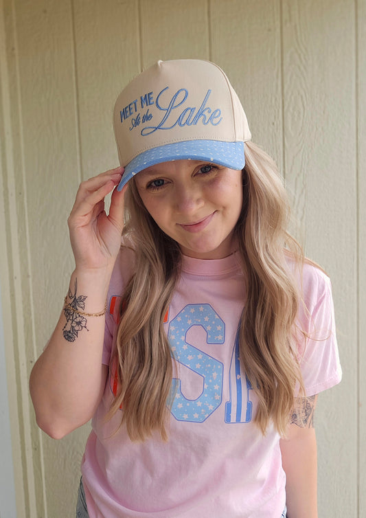 MEET ME AT THE LAKE Baby Blue Polka Dot Trucker Hat