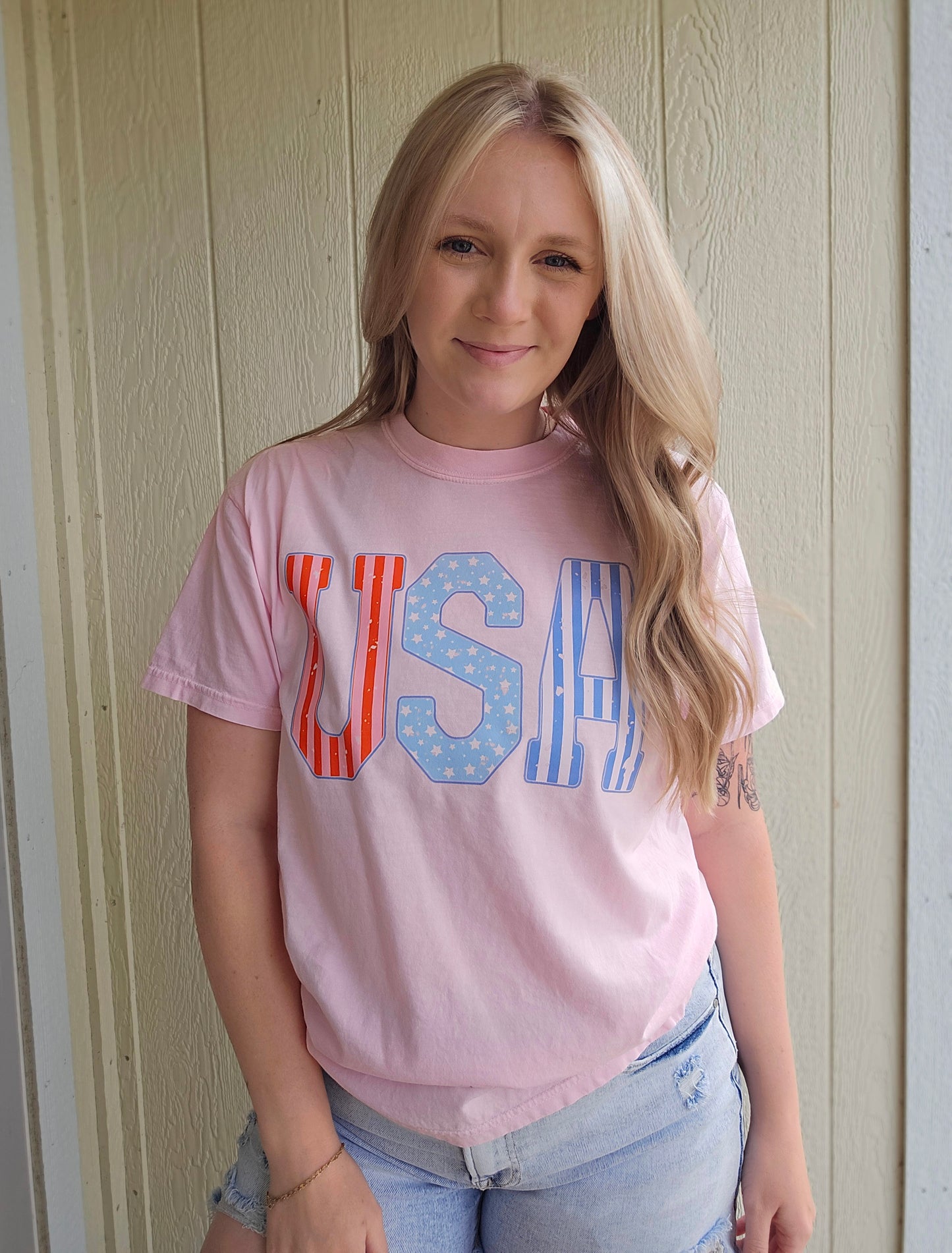 USA Pattern Pastels Light Pink Vintage Wash Tee