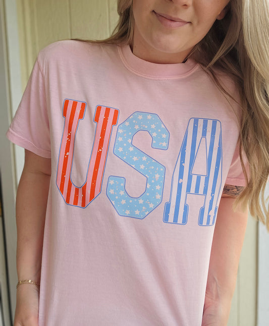 USA Pattern Pastels Light Pink Vintage Wash Tee