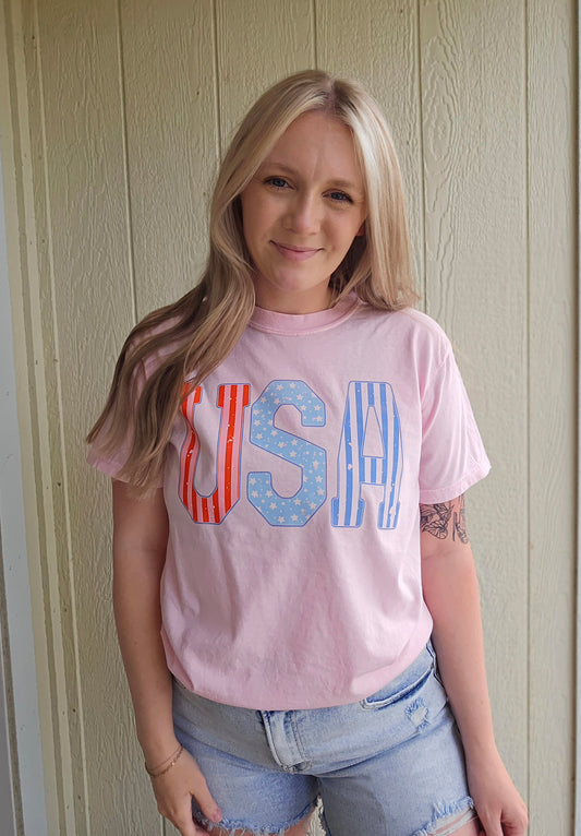 USA Pattern Pastels Light Pink Vintage Wash Tee